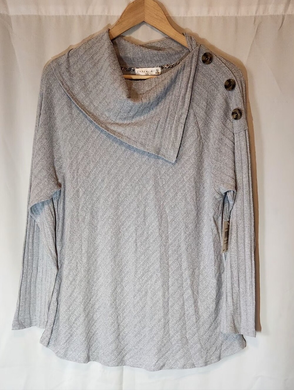 'Retrelogy' Asymmetrical Button-up Shoulder Cowel Neck Gray Sweater Large NWT